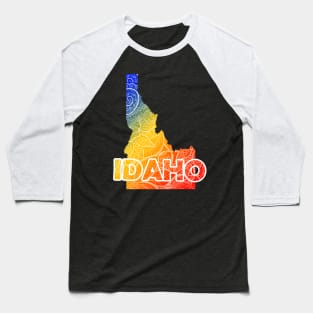 Colorful mandala art map of Idaho with text in blue, yellow, and red Baseball T-Shirt